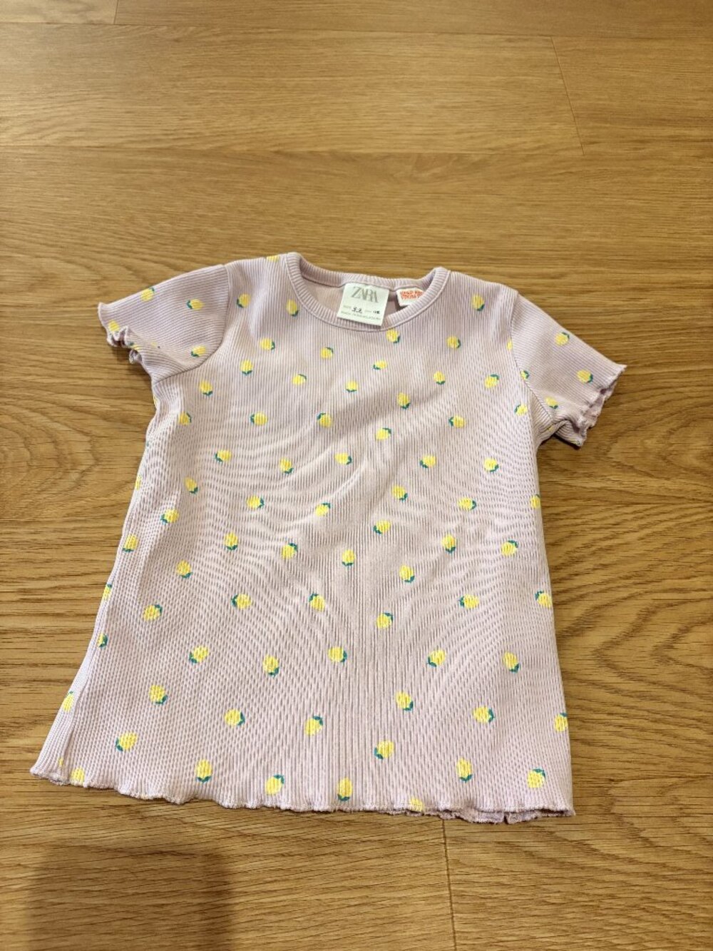 Zara Girls Ribbed Tee 2-3Y Lilac Lemon Print Fitted Cotton Top Kids